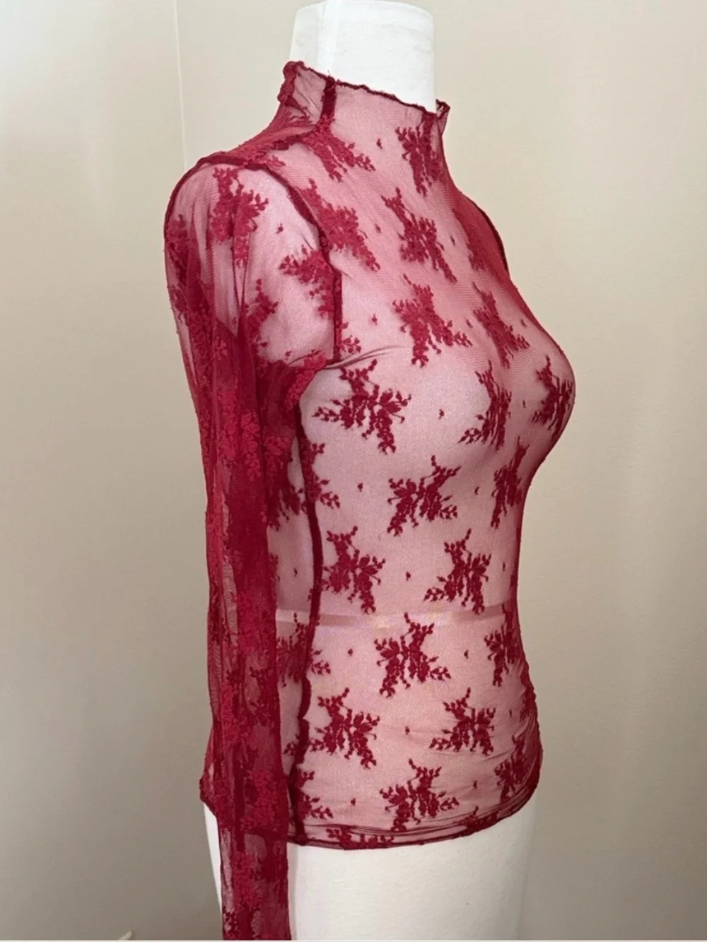 INTIMATE FREE PEOPLE Burgundy Floral Mesh Mock Neck Layering Top, Size Smal